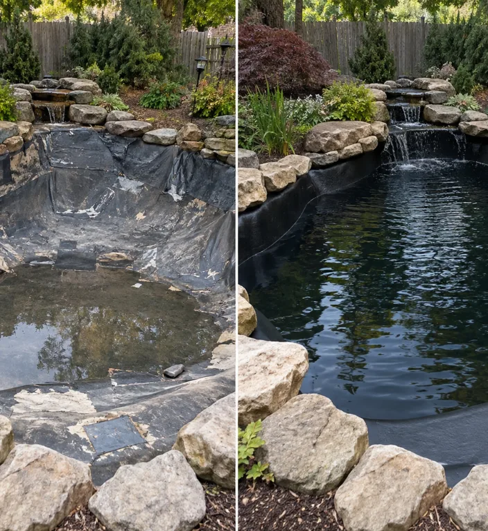 A failing patched EPDM pond liner before, and the same liner sealed with PondPro 2000 and refilled after