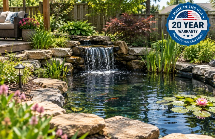 The finished pond in use — a rock waterfall running into clear water with koi and lilies