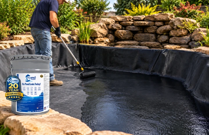 A roller spreading black PondPro 2000 across an EPDM liner, with a five gallon pail in the foreground