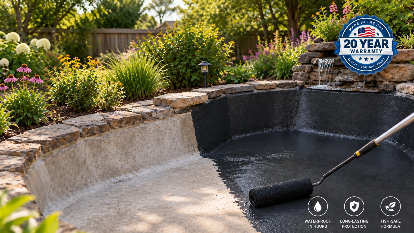 A roller coating an existing EPDM liner beside a stocked pond