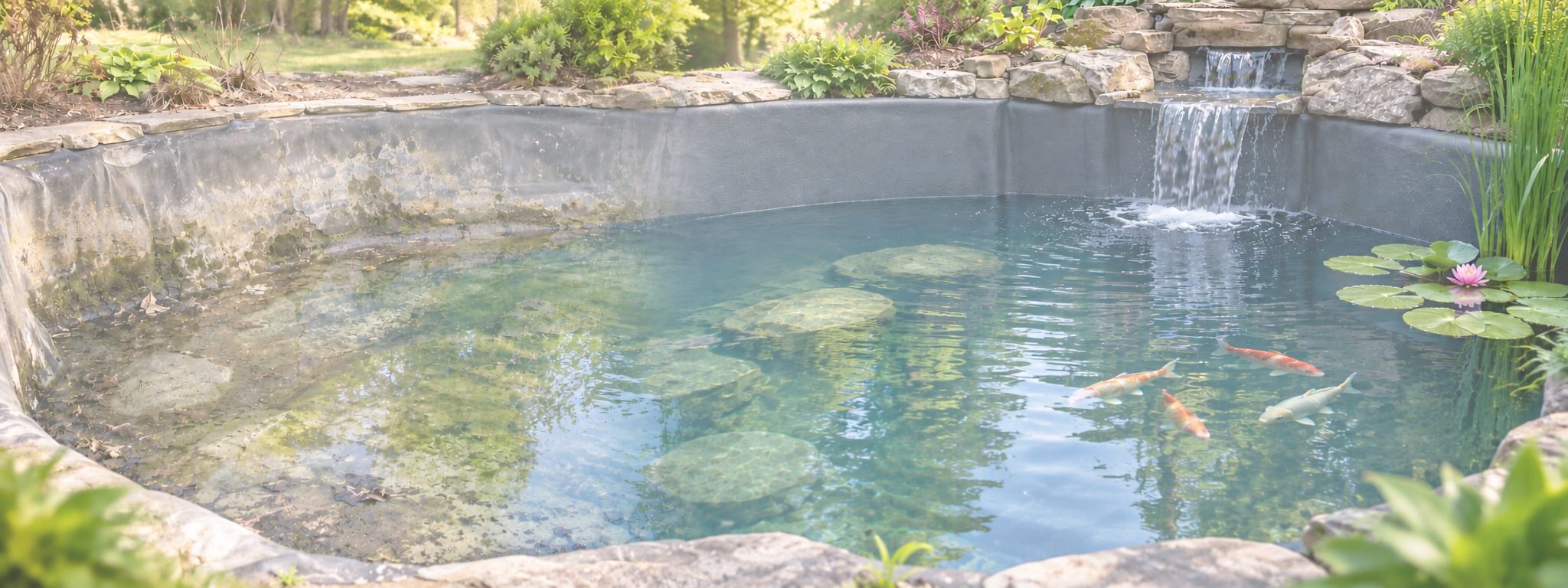 A sealed koi pond fed by a rock waterfall