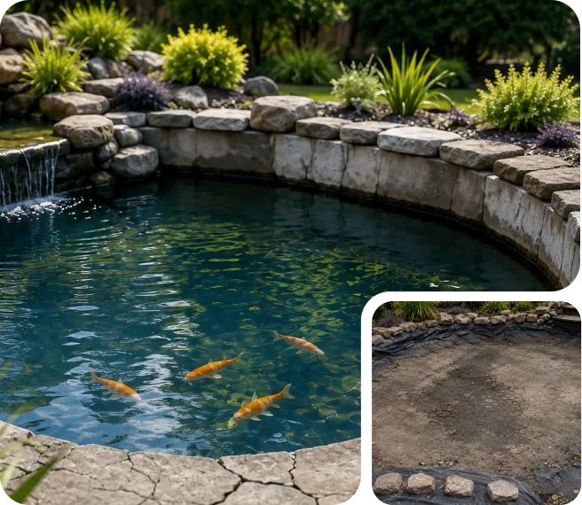 A koi pond holding its water, alongside the same pond drained to reveal the cracked liner underneath