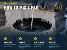 Four steps to mix a 5-gallon pail of pond sealer with a drill: chuck it, sink it, mix, move it