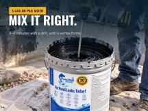 Drill mixing a PondPro 2000 5-gallon pail of pond sealer for 3 to 4 minutes until a vortex forms
