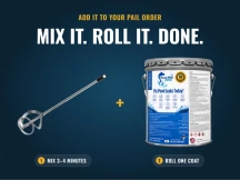 Pail mixer paired with a PondPro 2000 5-gallon pail of pond sealer: mix, then roll one coat