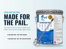 Spiral mixer against a PondPro 2000 5-gallon pail; 1-gallon cans use the gallon mixer