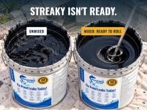 Two 5-gallon pails of pond sealer: streaky and unmixed beside smooth, mixed and ready to roll