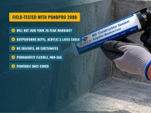 Caulking gun on a concrete pond wall with benefits listed, including PondPro 2000 warranty compatibility