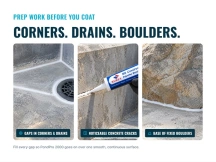 Caulk sealing pond corners, a drain, a concrete crack and a boulder base before coating