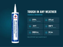 Caulk technical specs: 275% elongation, 225 psi tensile strength, ASTM C920 rated, 24-hour dry time