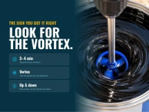 Drill mixer paddle spinning a vortex in black liquid rubber coating, with mixing tips