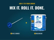 Paint mixer paddle paired with a gallon of PondPro 2000 pond sealer: mix, then roll