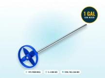 Blue caged drill mixer paddle on a steel shaft, sized for a 1-gallon can