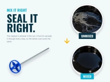 Streaky unmixed pond sealer compared with smooth, glossy black coating after a full mix