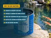Drill mixing a PondPro 2000 gallon beside a koi pond, listing why the mix matters