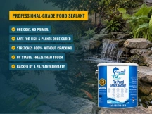 PondPro 2000 pond sealant beside a koi pond waterfall, listing one-coat, no-primer and 400% stretch benefits