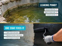 Leaking, algae-stained concrete pond above a gloved hand rolling black sealer over cracked concrete