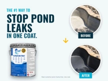 Customer pond before and after one black coat of PondPro 2000, shown beside the 5 gallon pail