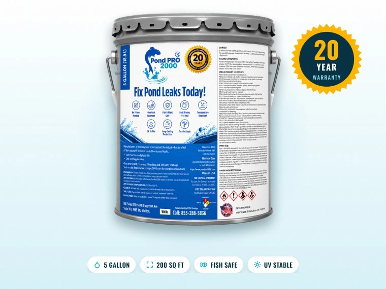 PondPro 2000 5 gallon pail of pond sealer with 20 year warranty badge, covers 200 sq ft