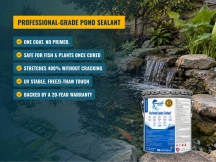 PondPro 2000 pail beside a koi pond waterfall, listing one coat, no primer and 400% stretch
