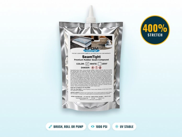 White SeamTight rubber seam compound pouch with 400% stretch and 1000 PSI badges