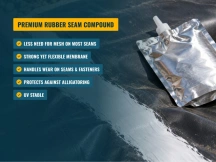 Seam compound pouch on black liner beside benefits: flexible, UV stable, resists alligatoring