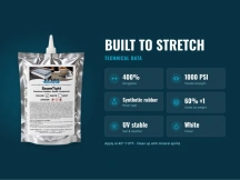 Seam compound technical data: 400% elongation, 1000 PSI tensile strength, 60% solids, white