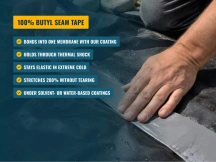 Hand pressing 100% butyl seam tape onto a black EPDM pond liner, with key benefits listed