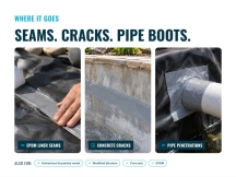 Seam tape applied to EPDM liner seams, a concrete pond crack and a pipe penetration