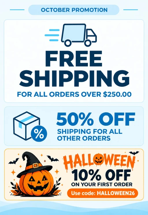 October promotion: free shipping on all orders over $250.00, and Halloween 10% off your first order with code HALLOWEEN26.