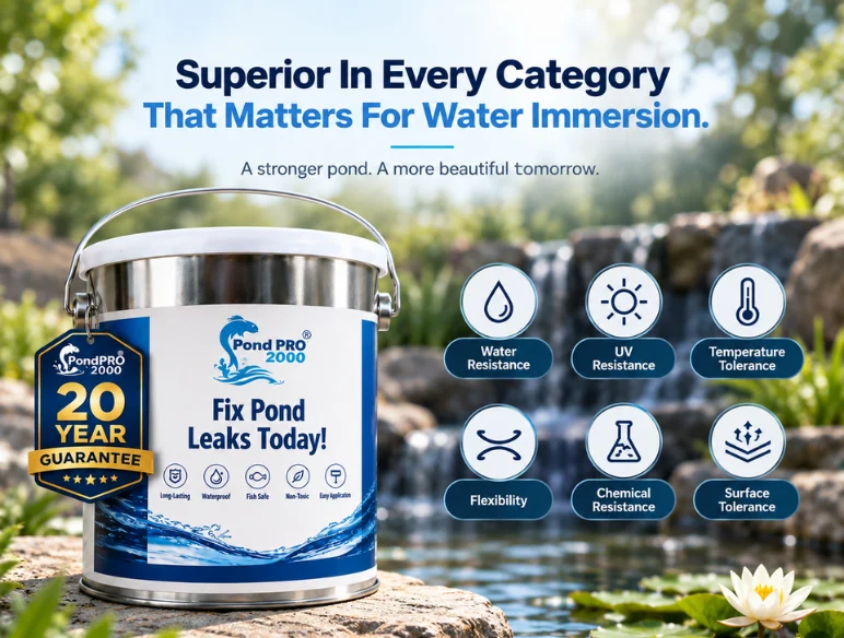 A PondPro 2000 pail beside a waterfall, rated for water resistance, UV resistance, temperature tolerance, flexibility, chemical resistance and surface tolerance