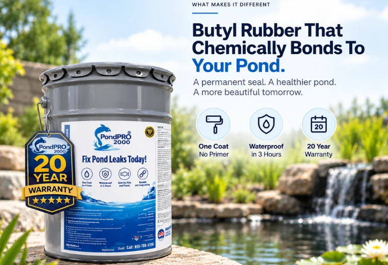 A PondPro 2000 pail beside a garden pond with its 20 year warranty seal — one coat with no primer, waterproof in 4 hours