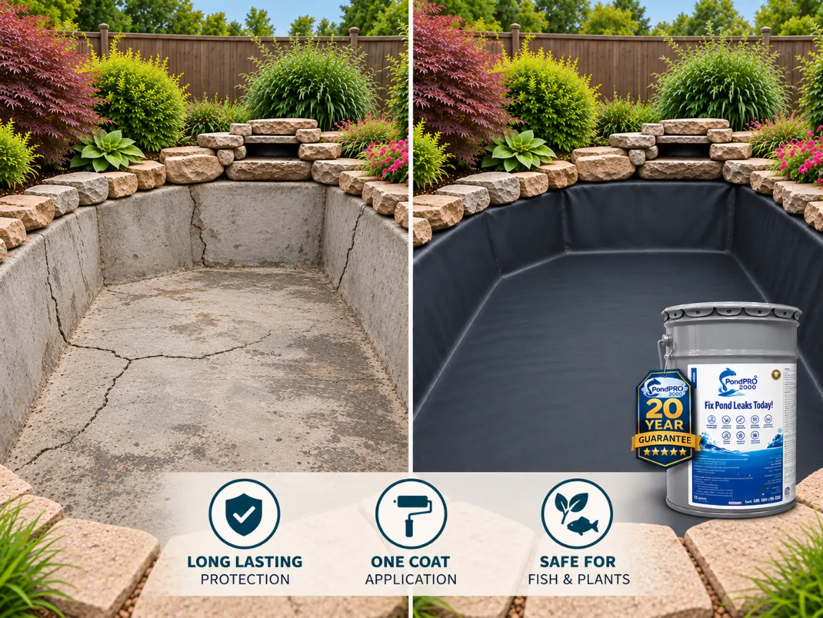 The same garden pond twice: cracked bare concrete before PondPro 2000, and sealed in smooth black rubber after, with the pail beside it under a 20 year guarantee seal. Long lasting protection, one coat application, safe for fish and plants.
