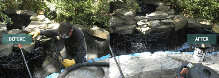 Before and after concrete pond leak repair and sealing process by pondpro2000.com