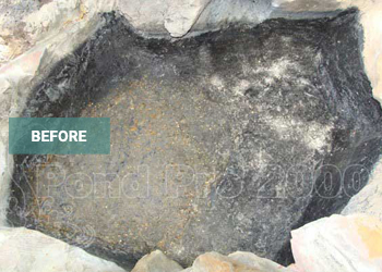 Concrete pond surface before sealing with visible wear and damage by pondpro2000.com