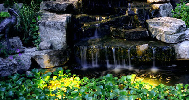 Natural backyard pond waterfall with rocks, flowing water, and aquatic plants by pondpro2000