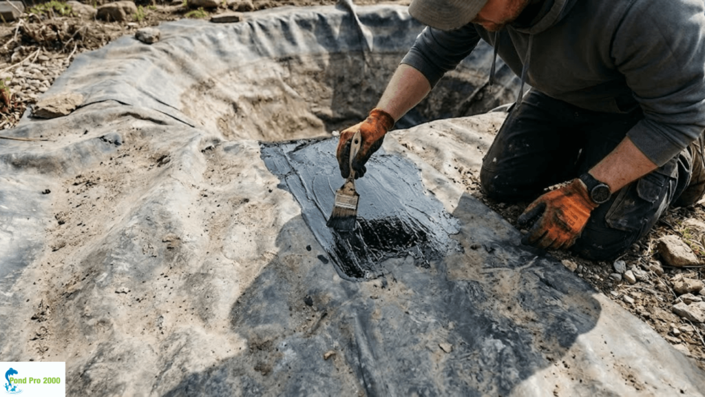 Applying black pond sealant for leak free pond.